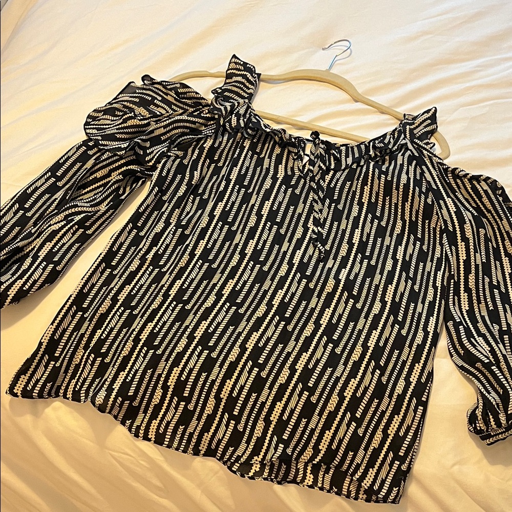 Parker Black and Cream Patterned Blouse Cold Shoulder S